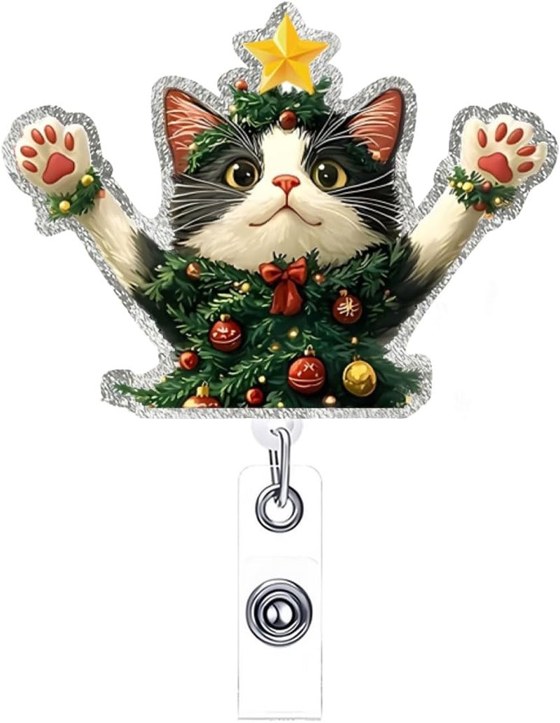 NSSHEL Christmas Badge Reel Retractable Cute Little Cat Badge Holder Funny ID Card Badge Reels with Alligator Clip Christmas Kitten Badge Reels for Women Doctor Nursing Student Teacher CNA RN Worker Gifts - Image 1